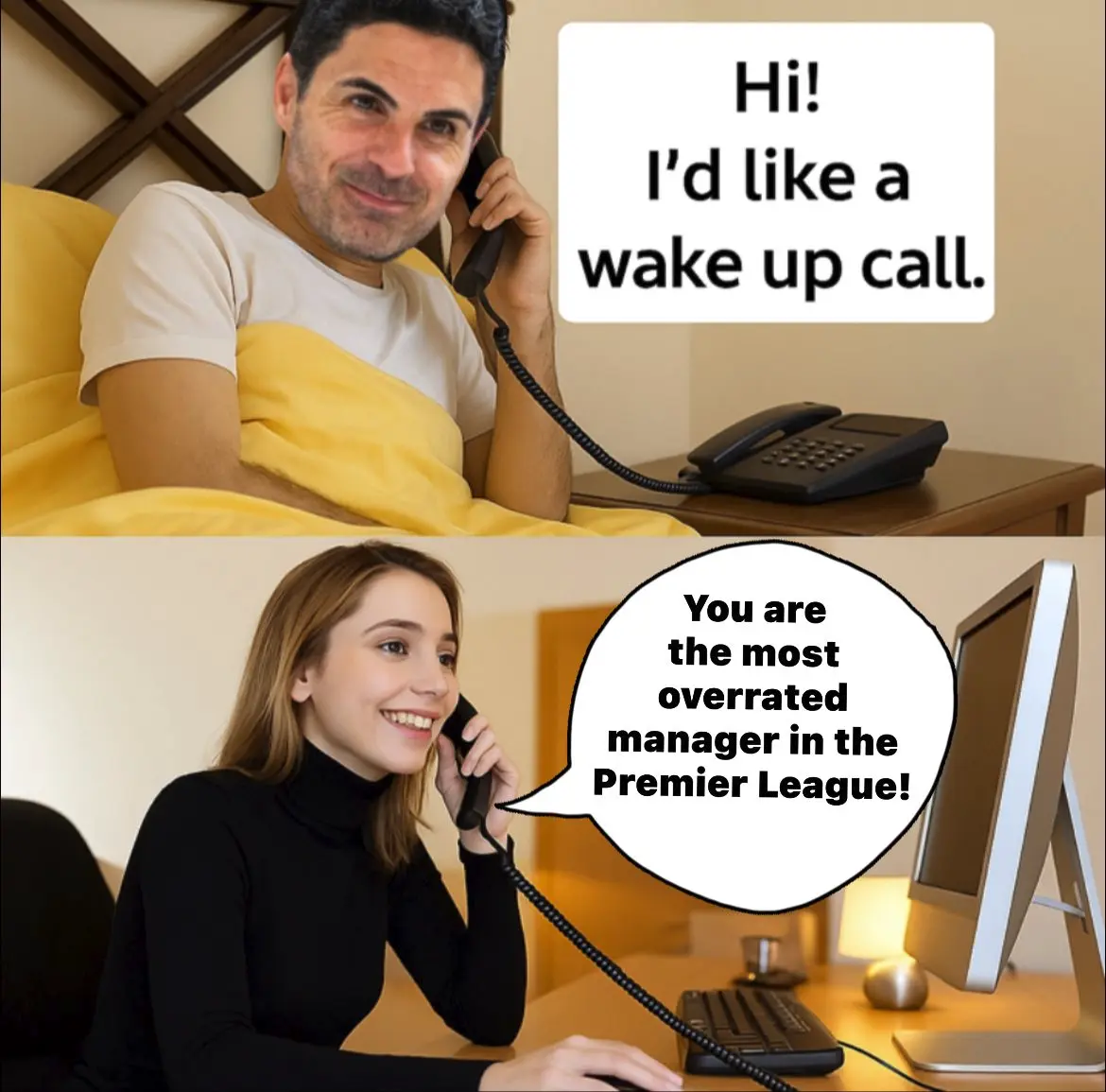 Meme showing Mikel Arteta in bed asking for a wake-up call, with a woman replying that he’s the most overrated manager in the Premier League.